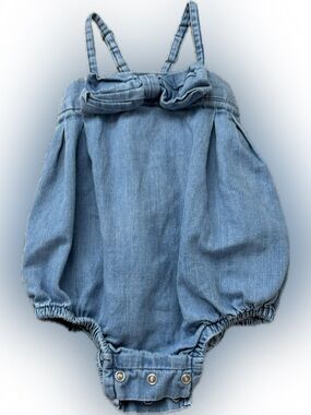 Ruffle Butts Light Blue Denim Bubble Romper with Bow